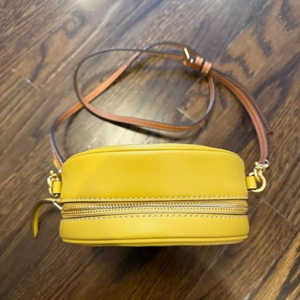 Tory Burch T Monogram Perforated Leather Circle Moon Bag, Golden Sunset, VGUC (C